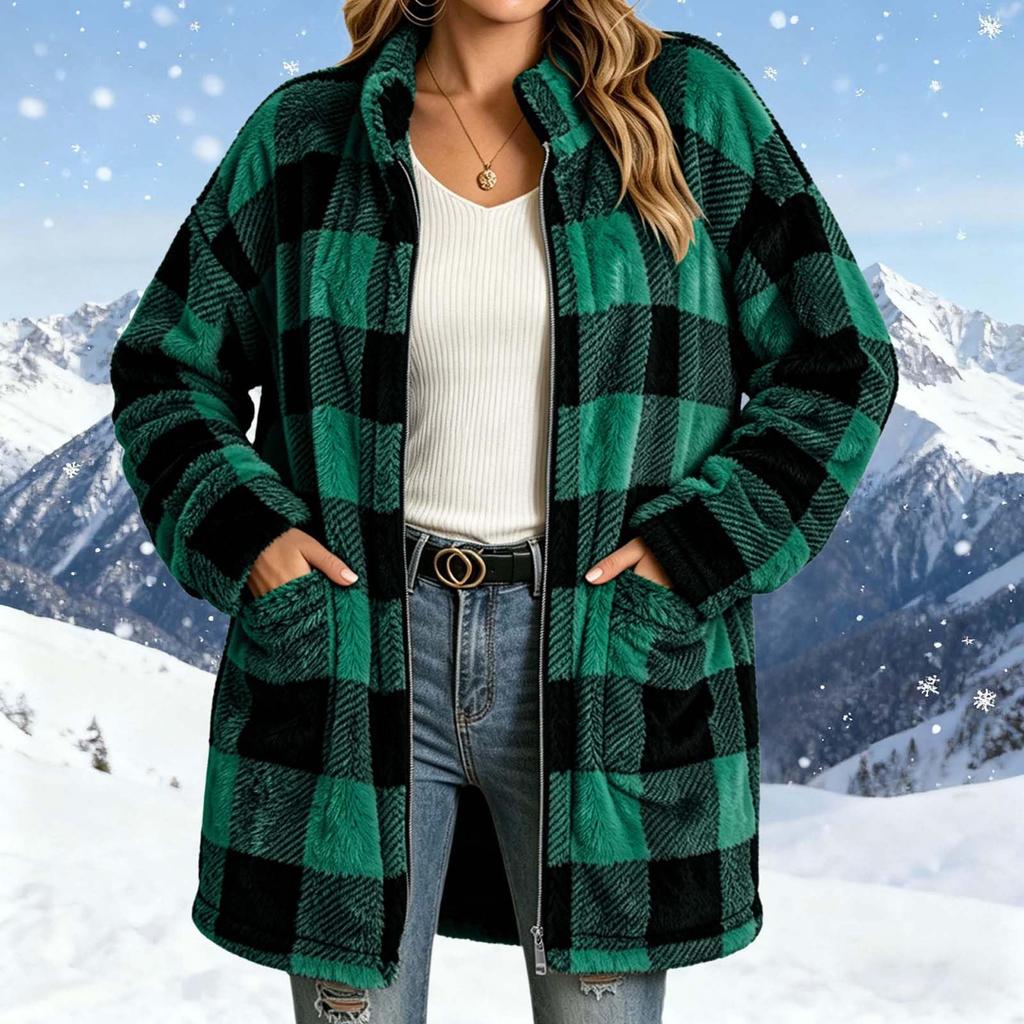 Women's Casual Plush Plaid Zip-Up Jacket for Fall and Winter Wear