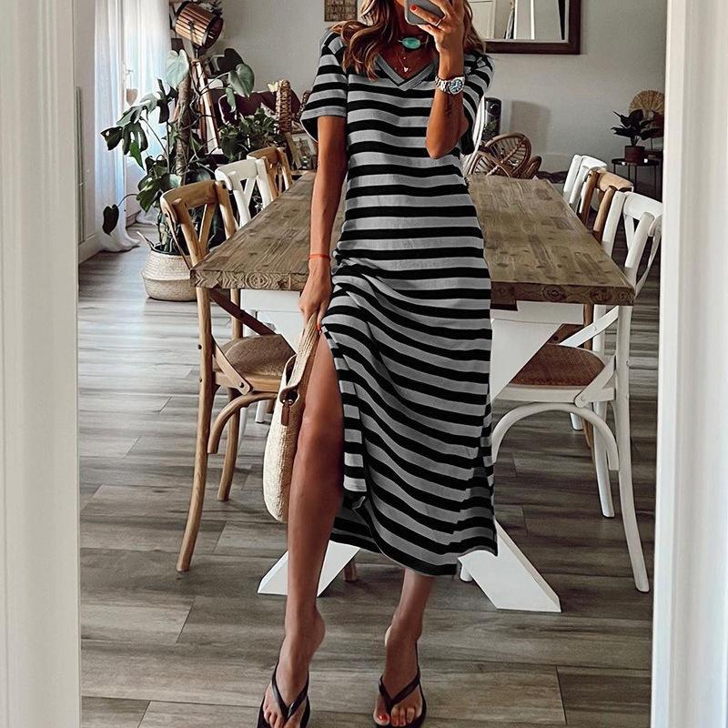 Women's Dress Short-sleeved V-neck Loose Striped Print Slit Long Dress