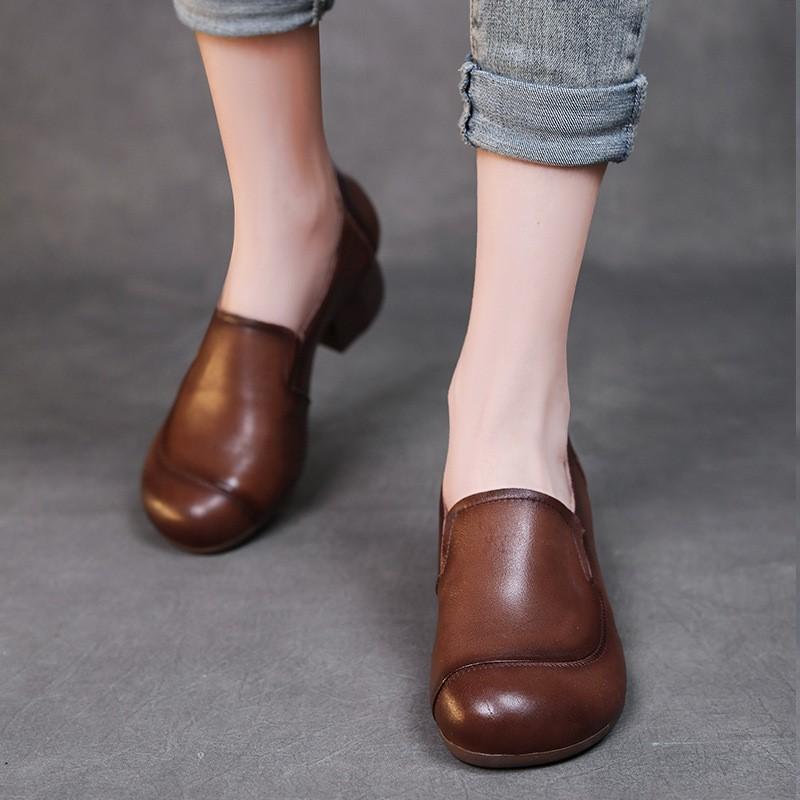 Johnature Genuine Leather Solid Color Thick Heeled Pumps Retro Versatile Round Toe Women's Shoes