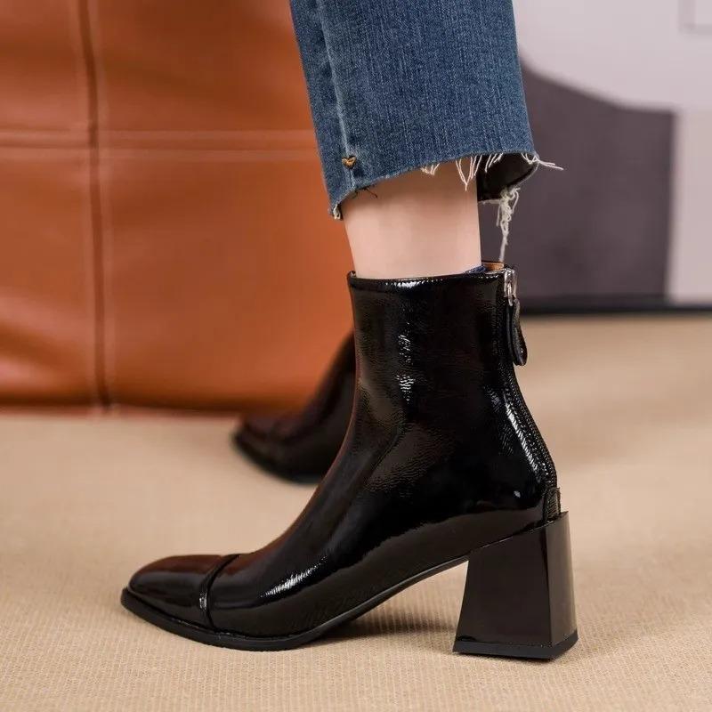 Winter 2026 Chelsea Boots Patent Leather Zip Booties Chunky Heel Single Boots