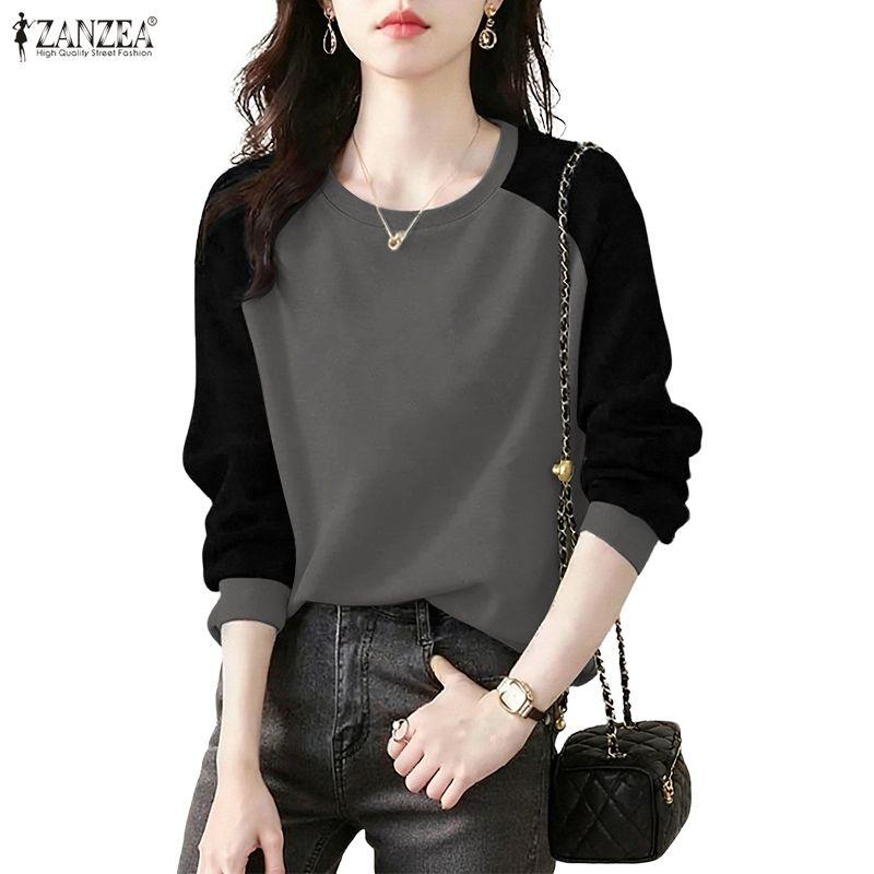 

ZANZEA Женские повседневные пуловеры с круглым вырезом, пэчворком и длинными рукавами S