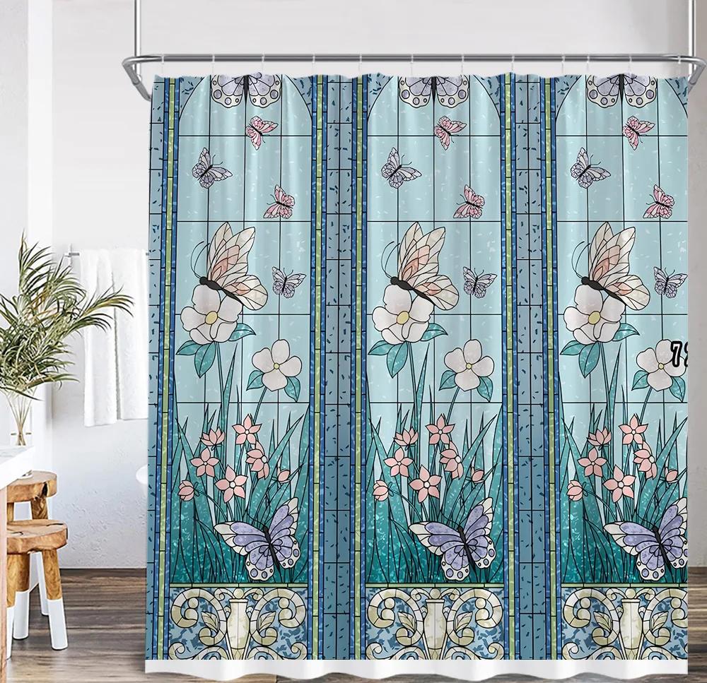 Stained Glass Garden Shower Curtain Butterfly Flowers Church Colored Painting Glass Wall Art Bath Curtain Aesthetic Bath Curta