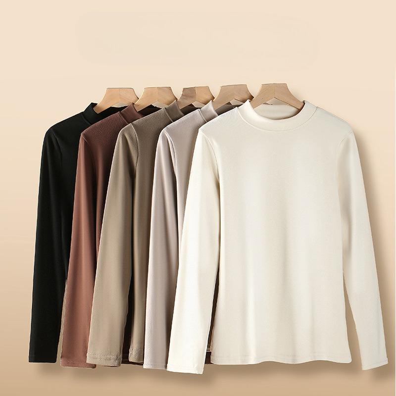 Women's Half-High Neck Double-Sided German Fleece Solid Long Sleeve Top Fashionable Inner Wear Medium Neck Base Layer for Spring, Autumn and Winter