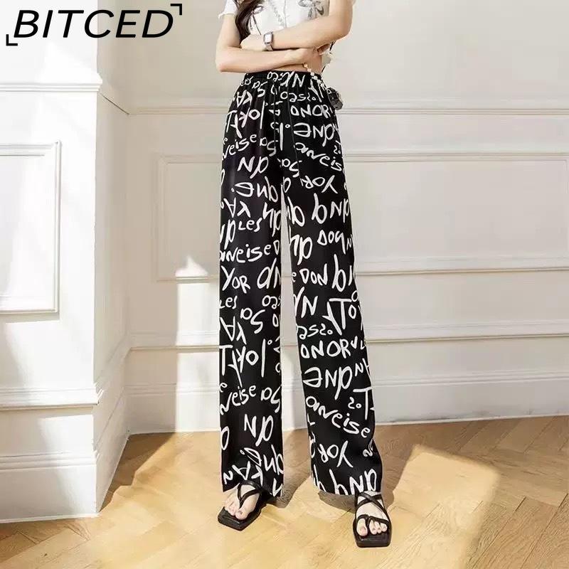 

BITCED Ink-Washed Wide-Leg Trousers for Women Summer High-Waisted Drapey Relaxed Fit Checkered Ice-Silk Straight-Leg Casual Trousers One size