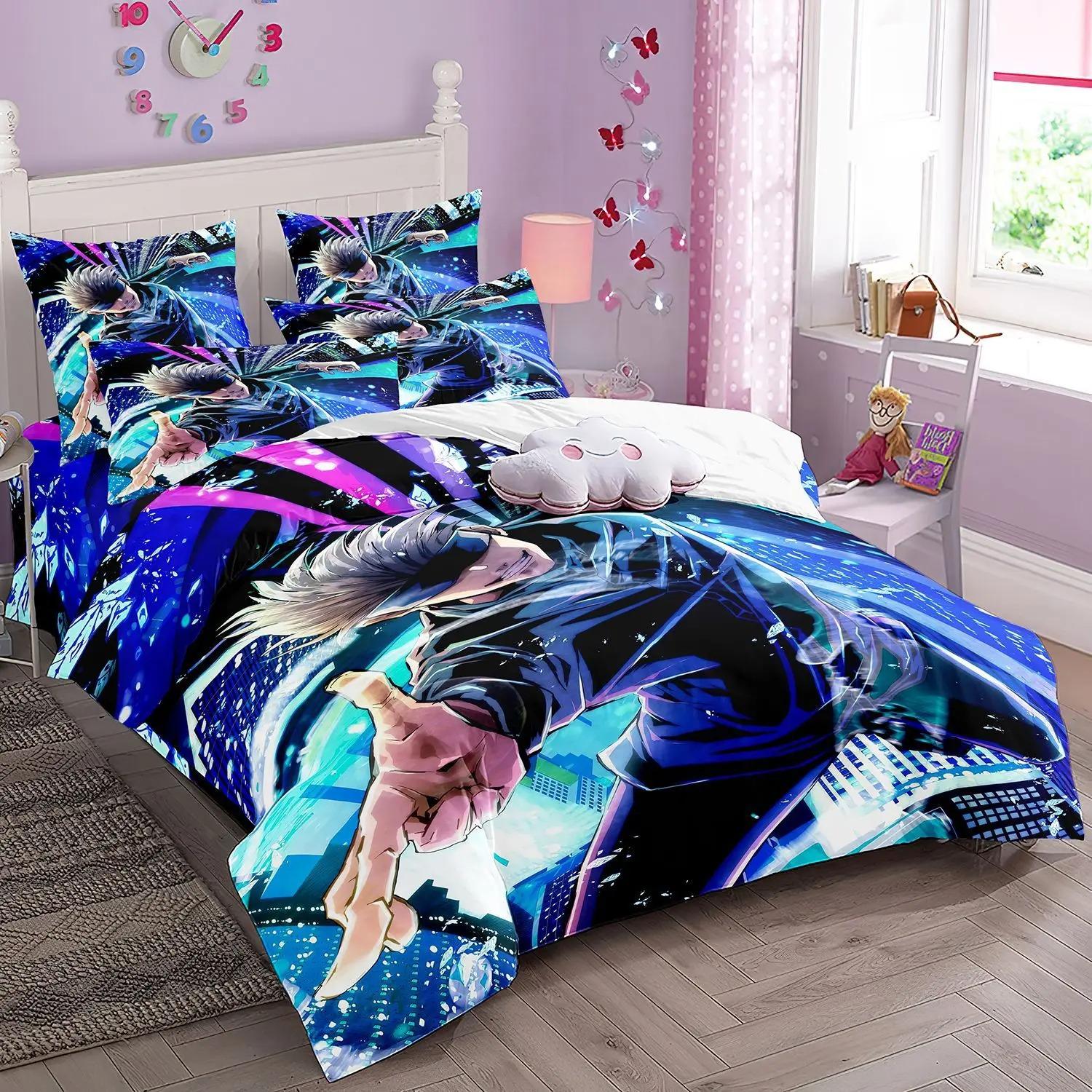 Superbe Parure de Lit Anime Jujutsu Kaisen Housse de Couette Taies d'Oreiller Impression 3D Décoration Chambre d'Enfant Garçon Taille Simple/Double/Queen Size 135x200cm (3pcs)