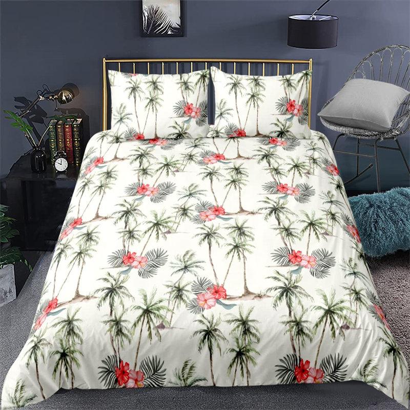 Vibrant Botanical Floral Duvet Cover Twin Size Lotus Flower Leaves Bedding Set Soft Tropical Palm Tree Quilt Cover Pillowcases