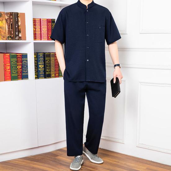2Pcs/Set Men Suit Stand Collar Short Sleeve Single Breasted Shirt Elastic Waist Long Pants Set Solid Color Loose Fit Leisure Outfit