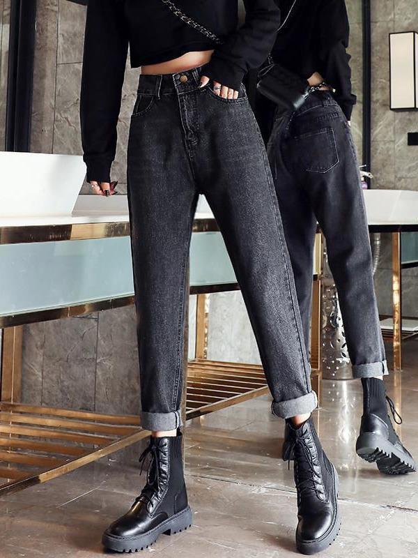 Women's High-Waisted Loose Slimming Winter Jeans - Plus Velvet, Gray, Belly-Covering Casual Harem Carrot Pants