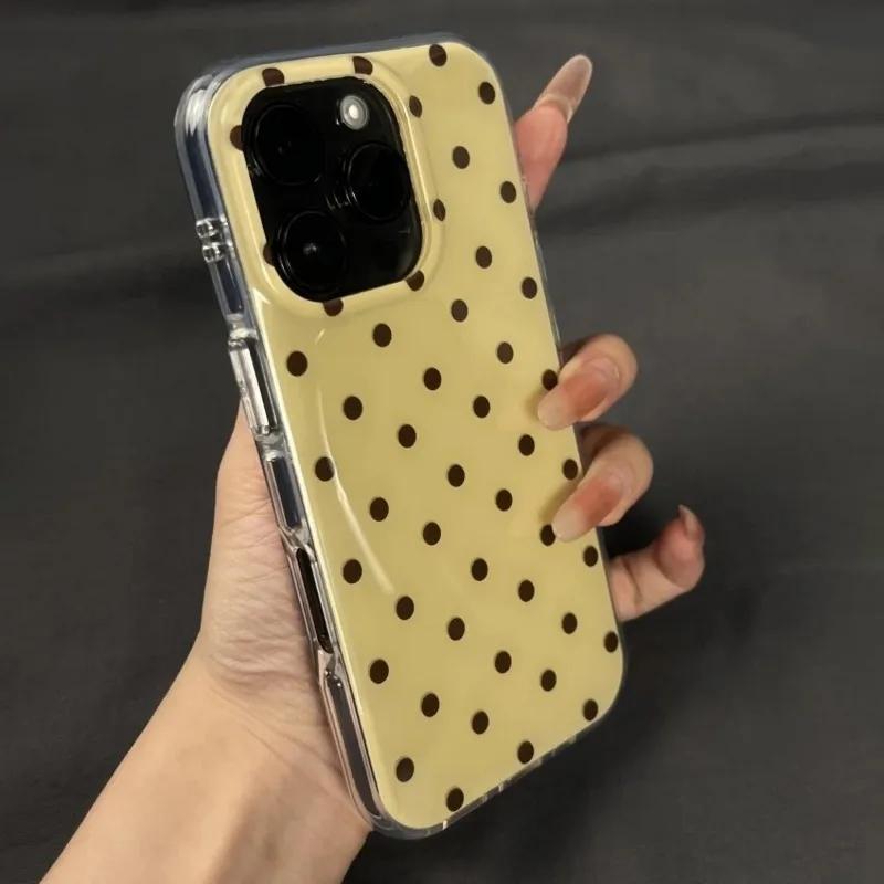 Modne Żółte Etui na Telefon z Brązowym Wzorem w Grochy Dla Dla Iphone 17 AIR 16 1 14 13 12 11 Pro MAX Plus Y2K Odporne na Wstrząsy Pokrowiec
