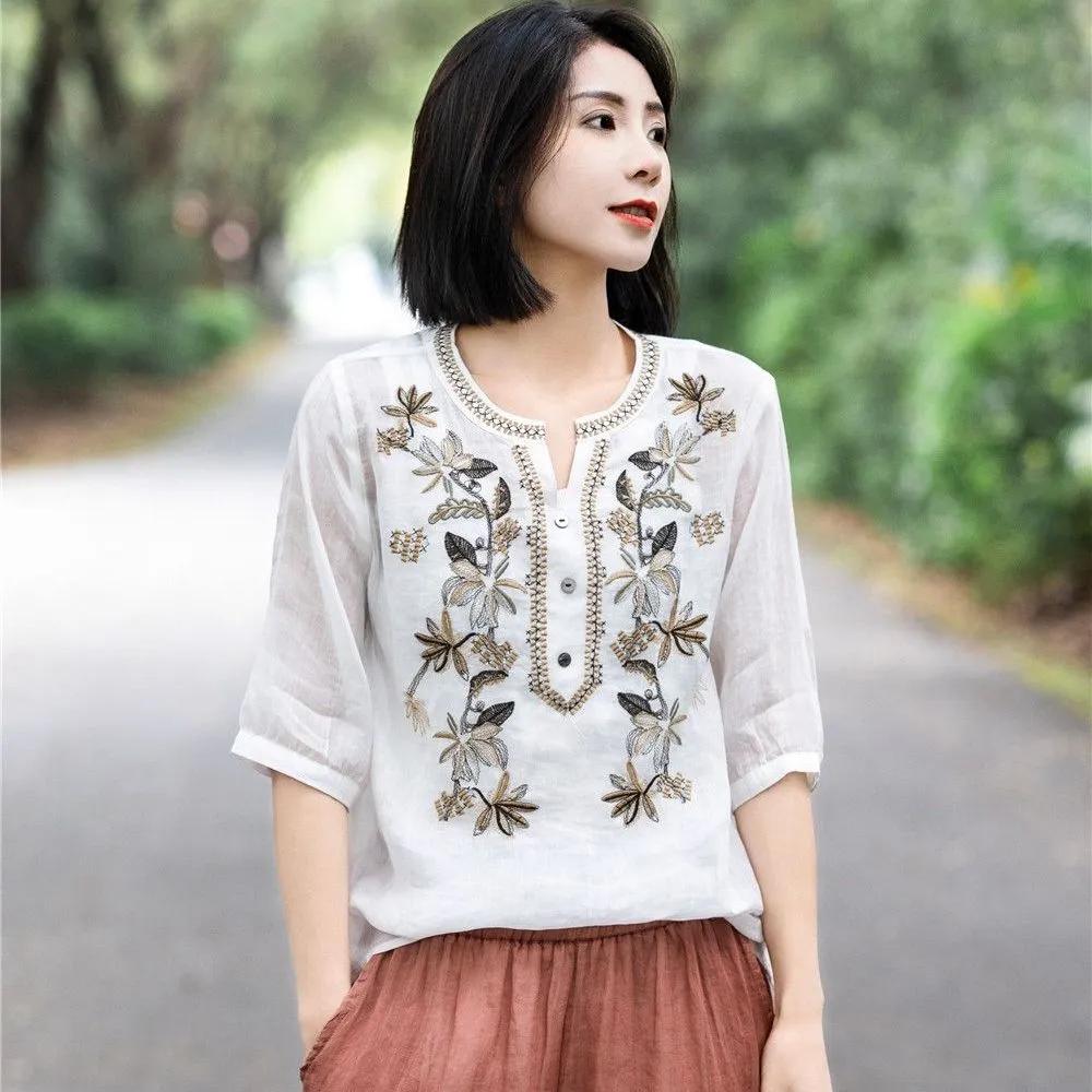 

Женская летняя ретро-вышитая футболка с V-образным вырезом, свободная литературная хлопковая и льняная дышащая рубашка больших размеров XL белый