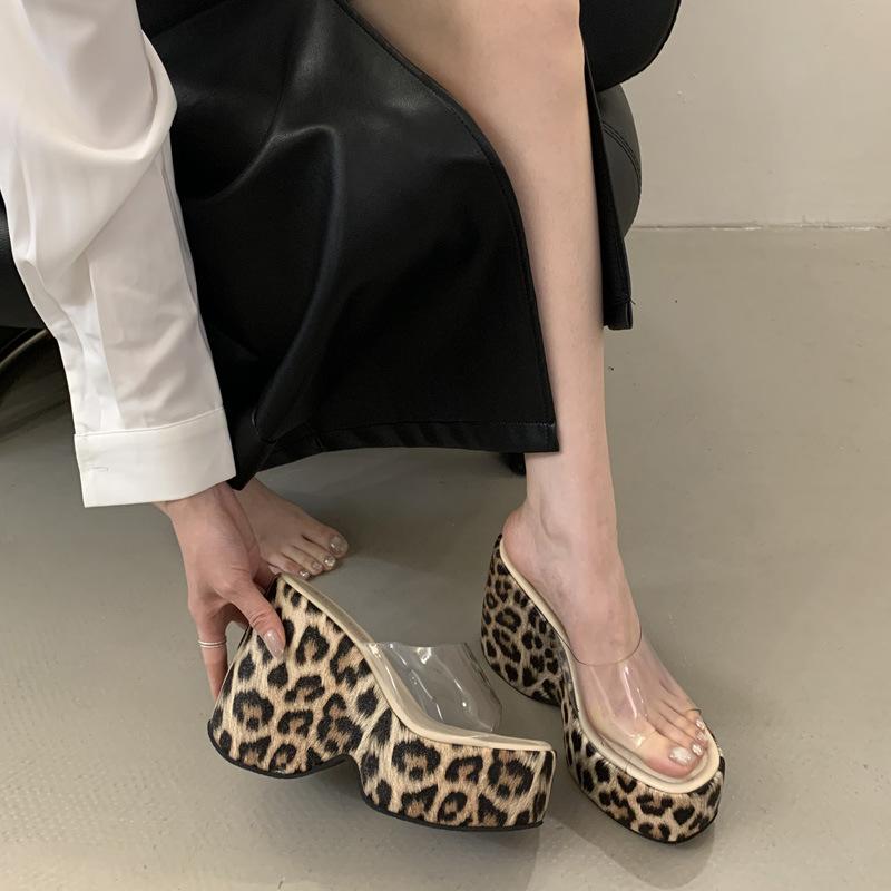 Transparent One-word Strap High Heels Women's Spring Fashion New Leopard Print Women's Shoes Open-toed Wear Wedge Heels Cool Slippers