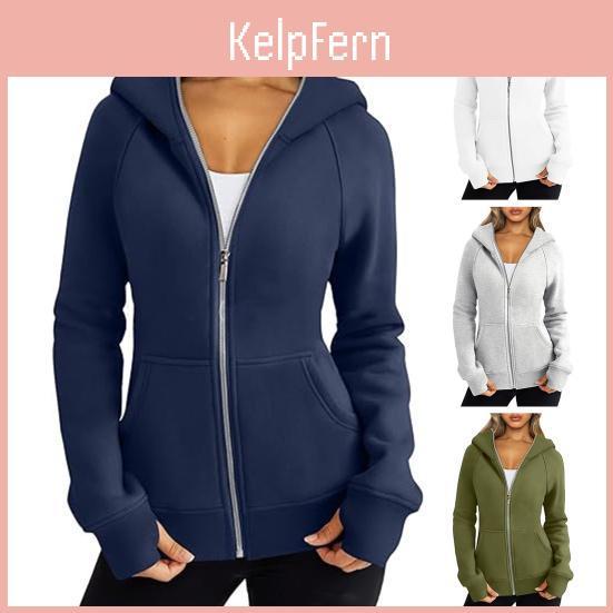 Solid Plushlined Lady Hoodie Jacket Color Zipper Closure With Pockets Elastic Cuffs