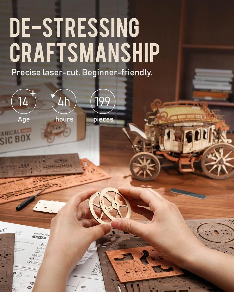 ROBOTIME 3D puzzle Dřevěné 3D dřevěné puzzle Mechanický pohyblivý model Hudební krabička Řemeslná sada Řemeslná sada Kill Time Vzdělávací hračka Dřevěný model pro