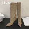 Fashion Liyke Autumn Winter Thin Kittens Heels Knee High Boots Women Punk Vintage Pointed Toe Runway Catwalk Shoes Long Booties Size 40