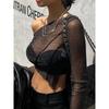 Sexy T-shirt Cross-Shoulder Long Sleeve Mesh Base Shirt