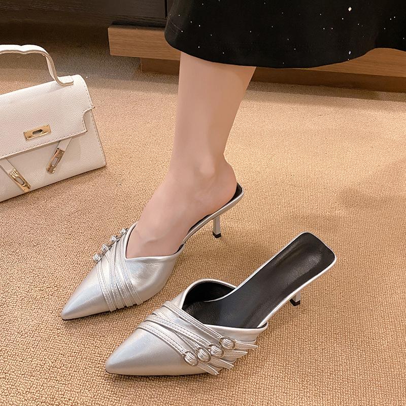 

Baotou pointed half slippers women s wear 2024 summer fashion belt buckle cool slippers high heel medium heel stiletto muller shoes 42 срібний