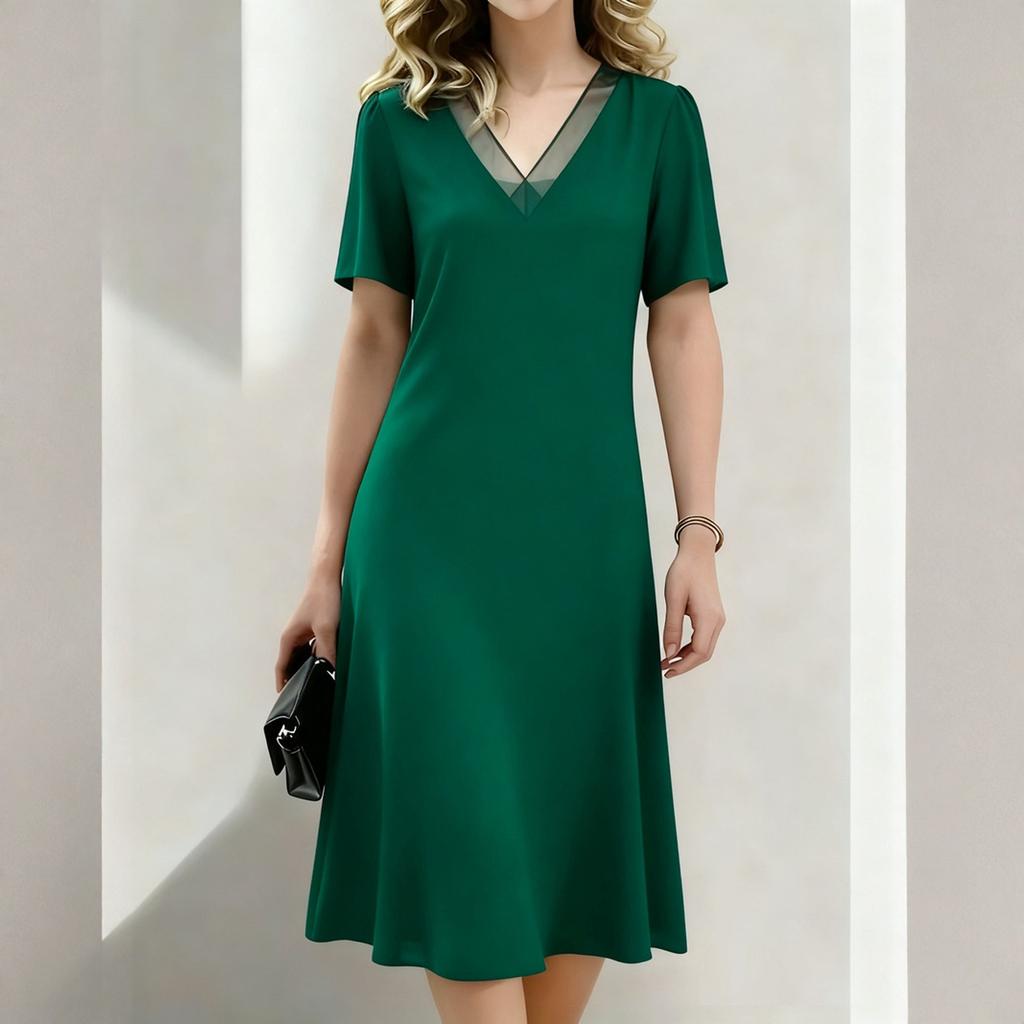 

Loose Fit V Neck Short Sleeve Dress Mid Length Casual Summer Dress Lightweight Comfortable Fabric Suitable for Daily Wear and Outdoor Activities S