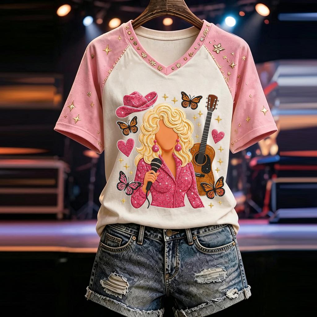 Women's Casual V-Neck Short Sleeve Letter Graphic T-Shirt