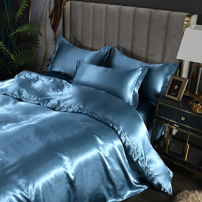 Solid Silk Bedding Set with Bed Sheet Duvet Cover Pillowcase Satin Single Couple Bedsheet King Queen Double Twin Size