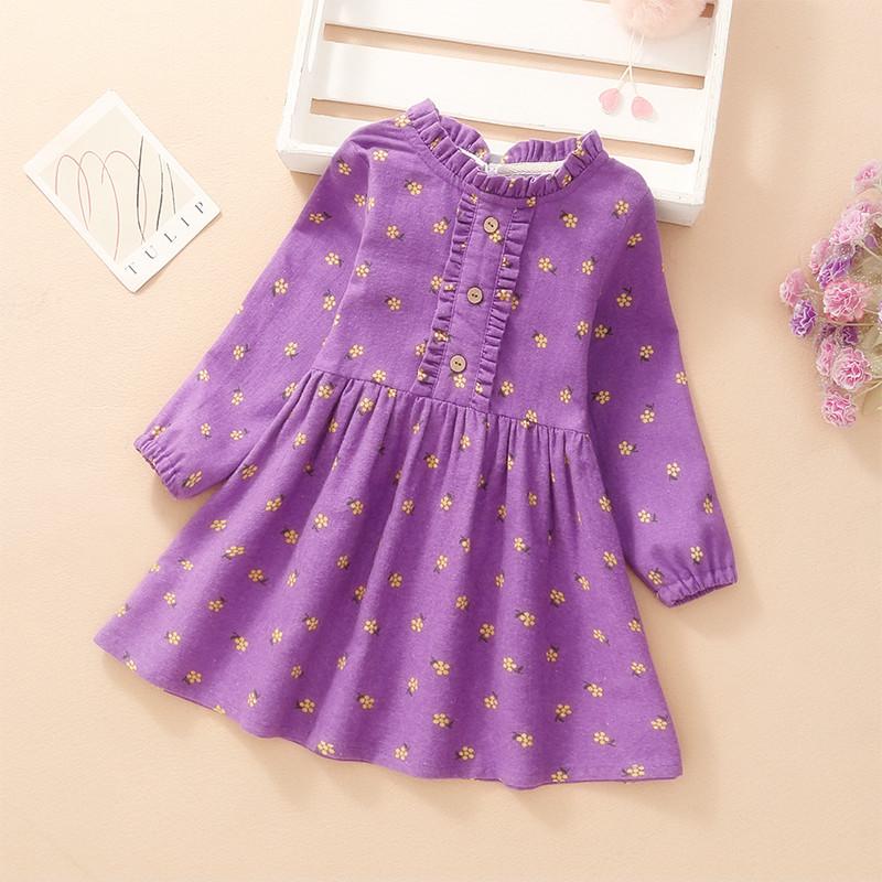 Girls' Floral Princess Dress with Ruffle Collar - Long Sleeve Cotton for Spring/Autumn
