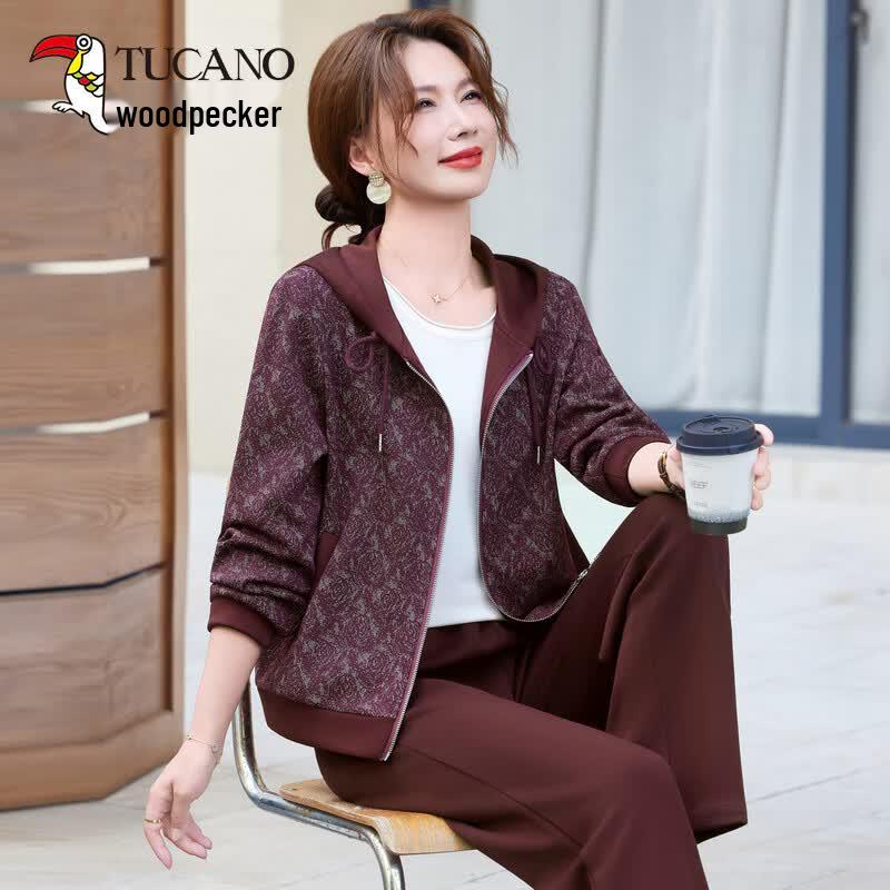 TUCANO Women s Spring Hooded Zipper Two-Piece Casual Set 2XL