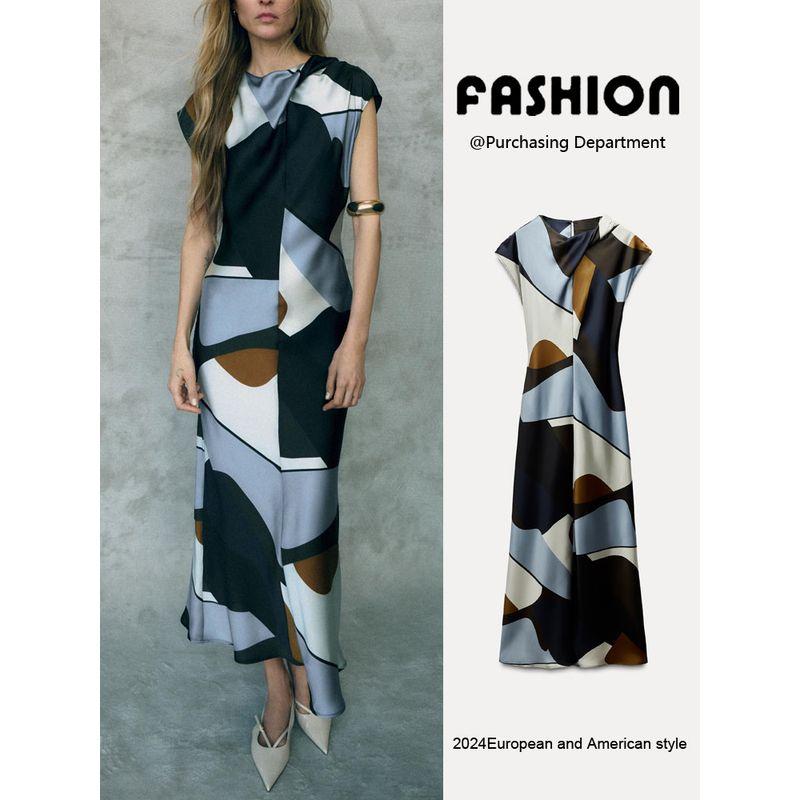 Za2025 Spring New Women's Clothing Fashion Elegant Slim Looking Silk Satin Texture Print Midi Skirt Dress 2479124