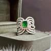 Huitan Luxurious Women Nuptial Wedding Occasion Rings With Geometric Green Cubic Zirconia Newly Party Event Jewelry Designed Female Accessories