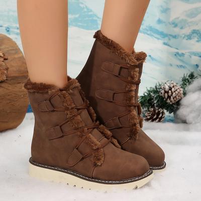 Flachsohlige Martin-Stiefel verdickte Schneestiefel Damen Winter neu mittelhoher Schaft Fell integriertes Fleecefutter warm dicksohlige Baumwollschuhe