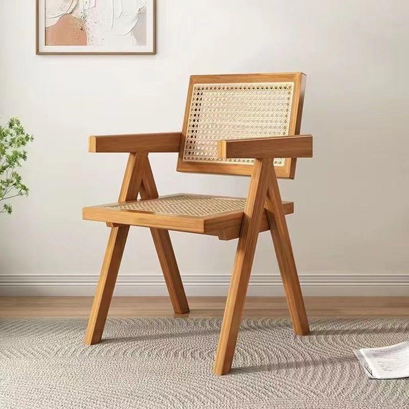 Living Room & Kitchen Wooden Chair with Hand-Woven Rattan Backres Home Leisure Chair Mid-Century Rattan Chairs