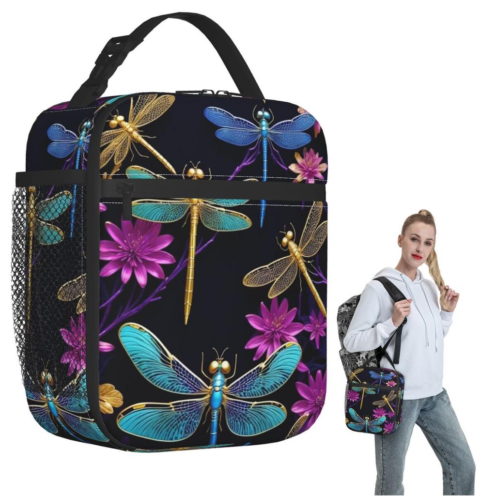 Colorful Dragonfly With Flower Insulated Lunch Bag for Women Kids Leakproof Food Boxes Thermal Lunch Box Tote