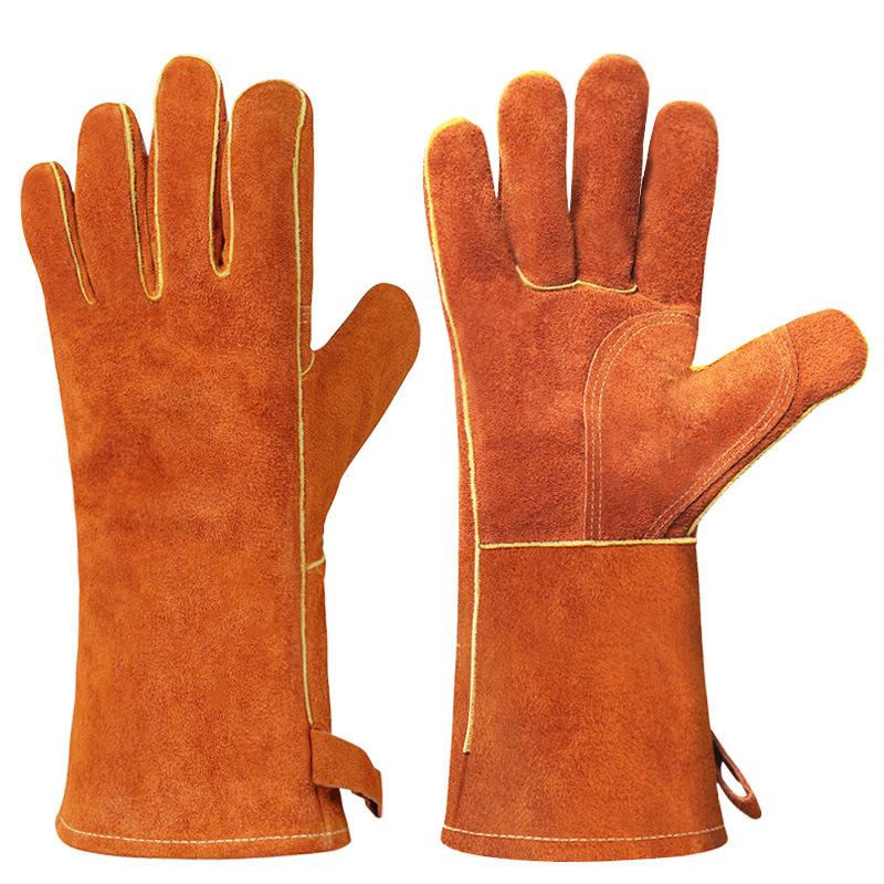 BBQ Gloves Camping and Picnic Leather Heat Insulation High Temperature Resistant Fire Line Long Welder Protective Gloves