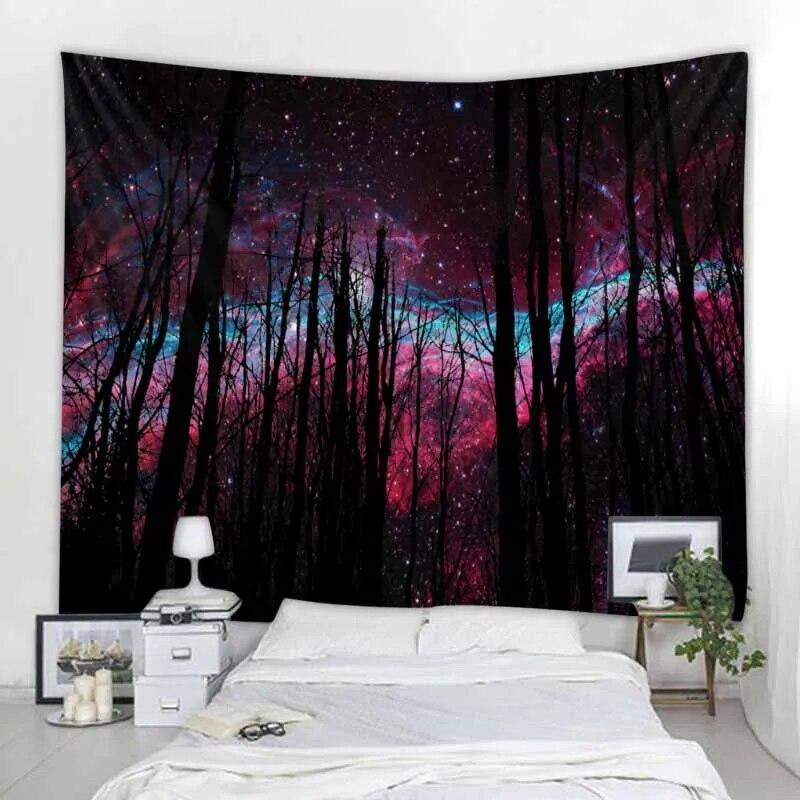 Starry Forest Tapestry Moonlight Night Psychedelic Bohemian Decoration Wall Hanging Home Room Art Background Decoration