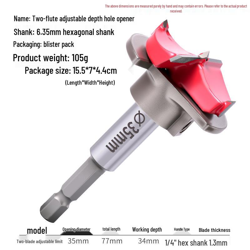 35mm Professional Double-Edge Hinge Hole Opener with Round & Hex Shank, Alloy Depth Stop