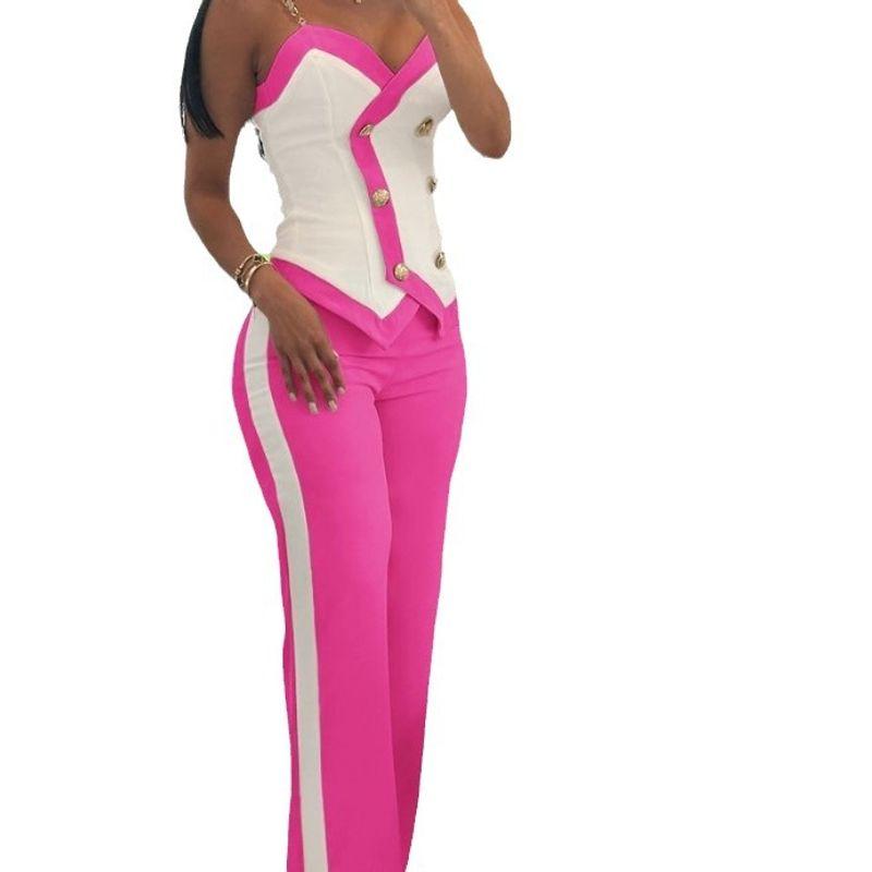 

Elegant Temperament Suit Fashion Set Women Slim fit Slimming Contrast Color Double Breasted Sling Trousers Rose Red S