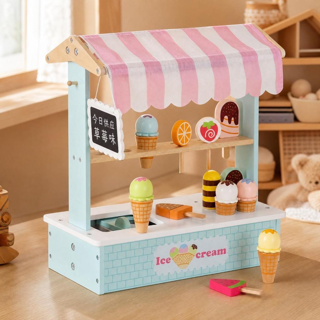 Wooden Pretend Ice Cream Shop Toy Freestanding Play Counter with Display Areas
