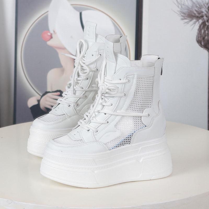 Fashion 12CM Air Mesh Microfiber Synthetic Chunky Sneakers Spring Shoes Leather Ankle Booties Women Vulcanize Boots Autumn