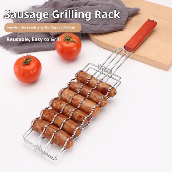 Koszyk Grillowy ze Stali Nierdzewnej z Rączką Stojak do Grillowania Hot Dogów Uchwyt na Kiełbaski BBQ Odporny na Rdzę Rozkładane Narzędzie Grillowe BBQ do Gotowania na Świeżym Powietrzu