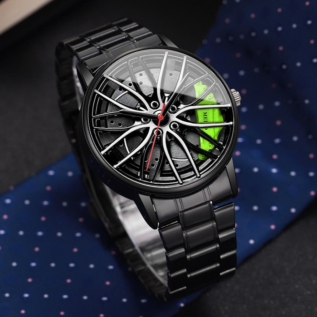 2PCS Men Business Watches Fashion 3D Car Wheel Dial Men Sports Watch Stainless Steel Band Analog Quartz Watch Set