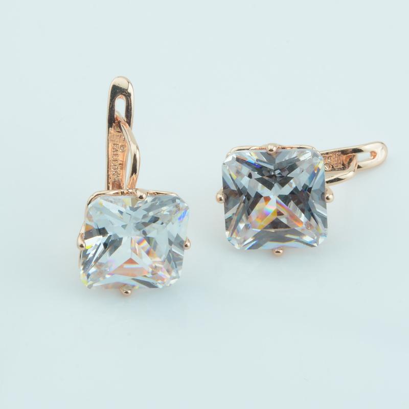 FJ Luxury Wedding Women Earring Rose Gold Color 585 Zircon Fashion Big Square Pink/White/Green/Red/Blue Zircon Drop Earring