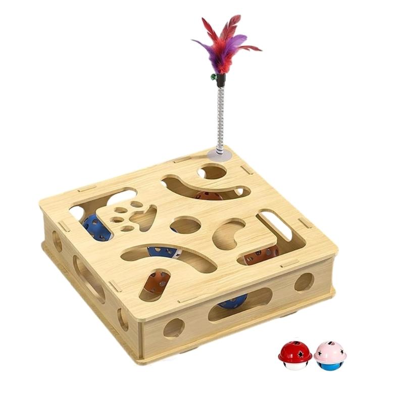 

Stable Interactively Wooden Cats Scratching Toy Puzzle Mazes and Bells Ball for Engaging Playing and Natural Claws Care