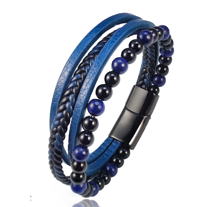 

2026 New Beads Tiger s Eye Stone Bracelet for Men Four Layers Leather Bracelet with Stainless Steel Magnet Male Jewelry Gift 20.5cm