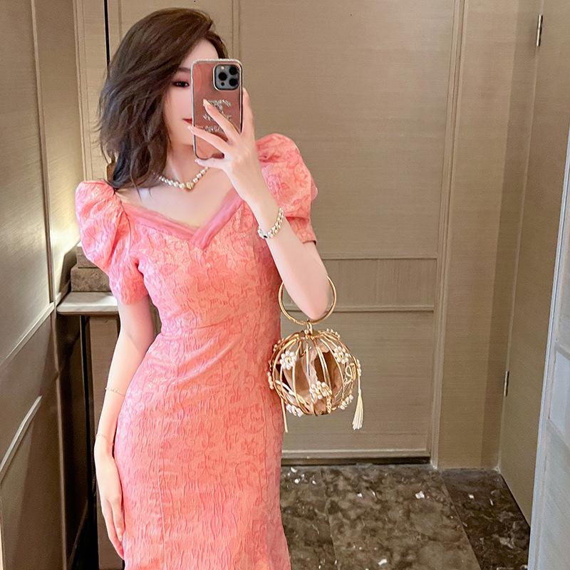 GMXIA Summer French V-neck Age-reducing Print Slim-fit Dress Sweet Temperament Waisted Fishtail Dress Women