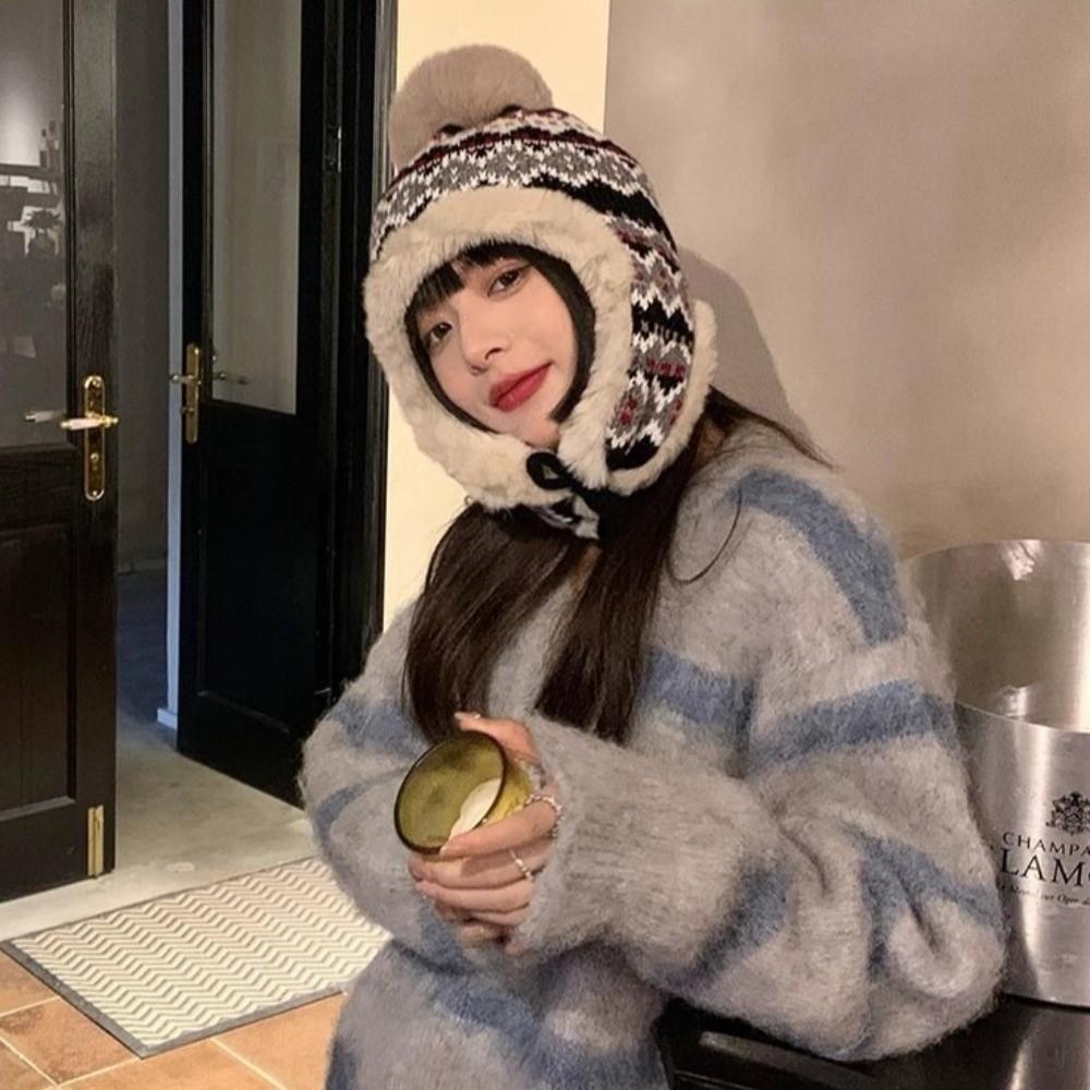 New Pompom Warm Hat Warm Windproof Pullover Cap Coldproof Beanie Hat for Outdoor Cycling Skiing