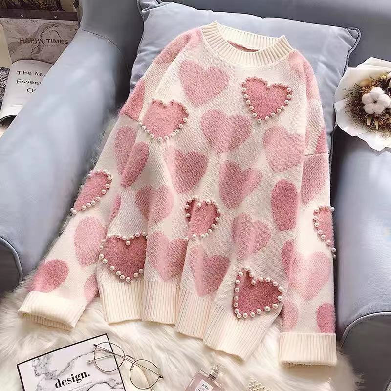 

QICED свитер женский осень зима любовь гвоздь бисер ленивый ветер свободный внутри с нижней трикотажной блузкой блузка пальто Uniform size синий