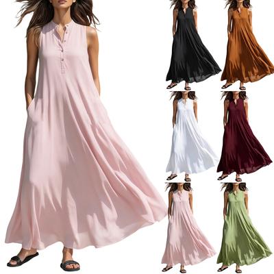 Ärmelloses Maxikleid für Damen Knopfleiste Lockerer Schnitt Fließendes Langes Kleid mit Stehkragen und Taschen Sommerkleid Freizeitkleidung