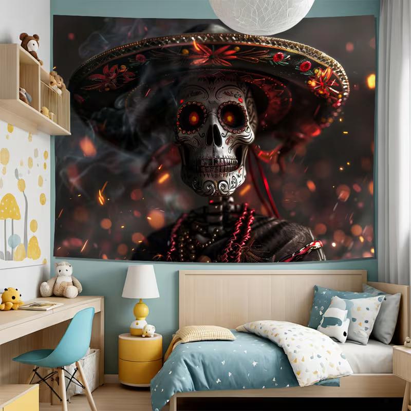 2D Dia De Los Muertos Tapestry, Mexican Sugar Skull & Bokeh Lights Wall Art for Home Decor
