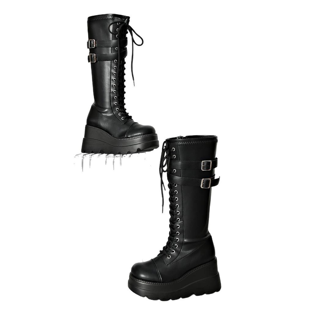 Belt buckle slope heel locomotive boots women's winter new thick-soled large-size muffin punk style high boots