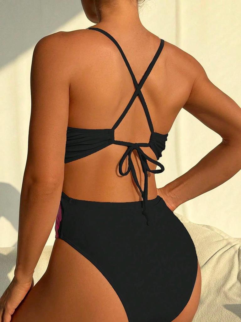 Kadın Mayo Siyah Geri Çapraz Kravat Yüksek Bel Hollow Seksi Bikini Mayo Kadınlar için Beachwear Mayo