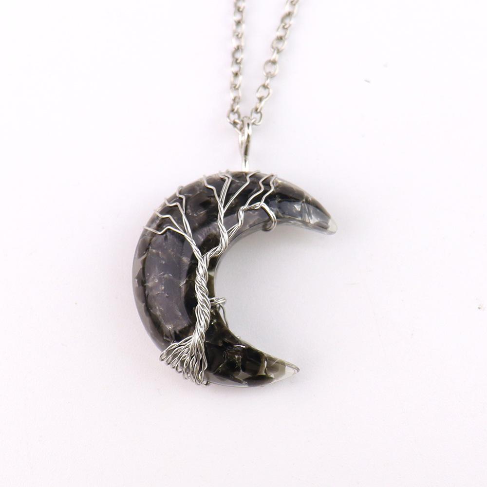 Natural Crystal Crescent Moon Pendant – Tree of Life Necklace