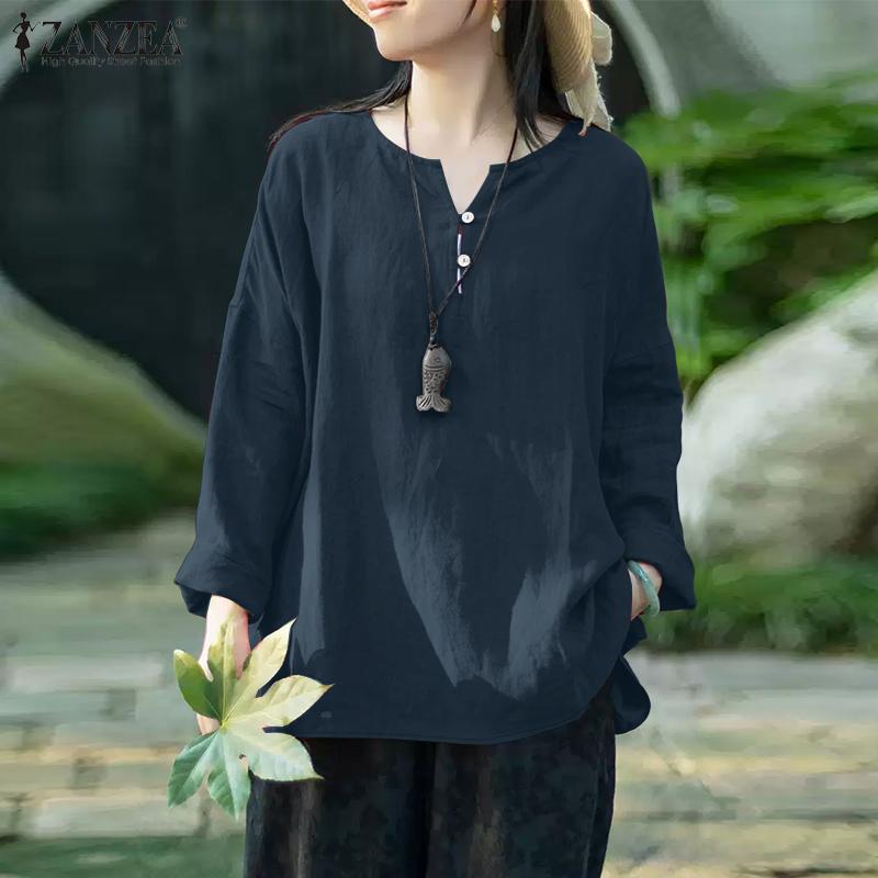 ZANZEA Women Loose V-Neck Casual Long Sleeve Plain Blouse